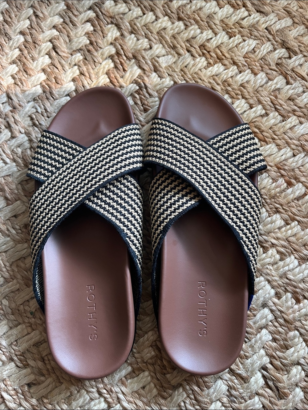 Rothy's Brown Slide Sandals with Black and Cream Woven Cross Straps